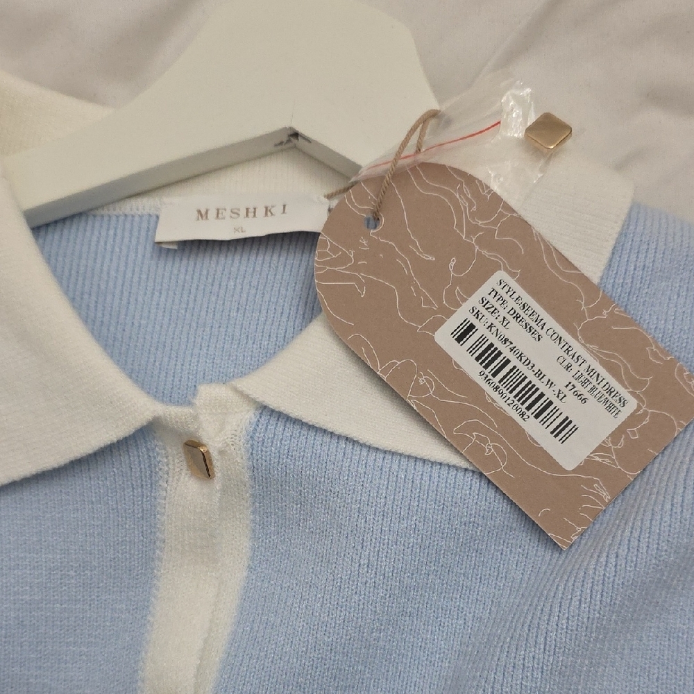 Meshki Light Blue Mini Knit Button Front Dress with White Trim - Picture 4 of 4